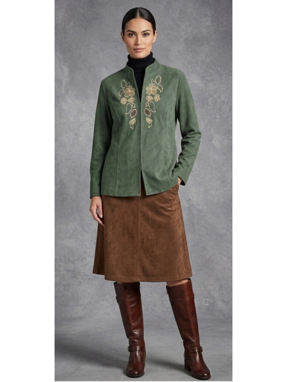 Breckenridge Vintage Faux Suede Earthy Floral Embroidered Jacket Green SZ XL NWT